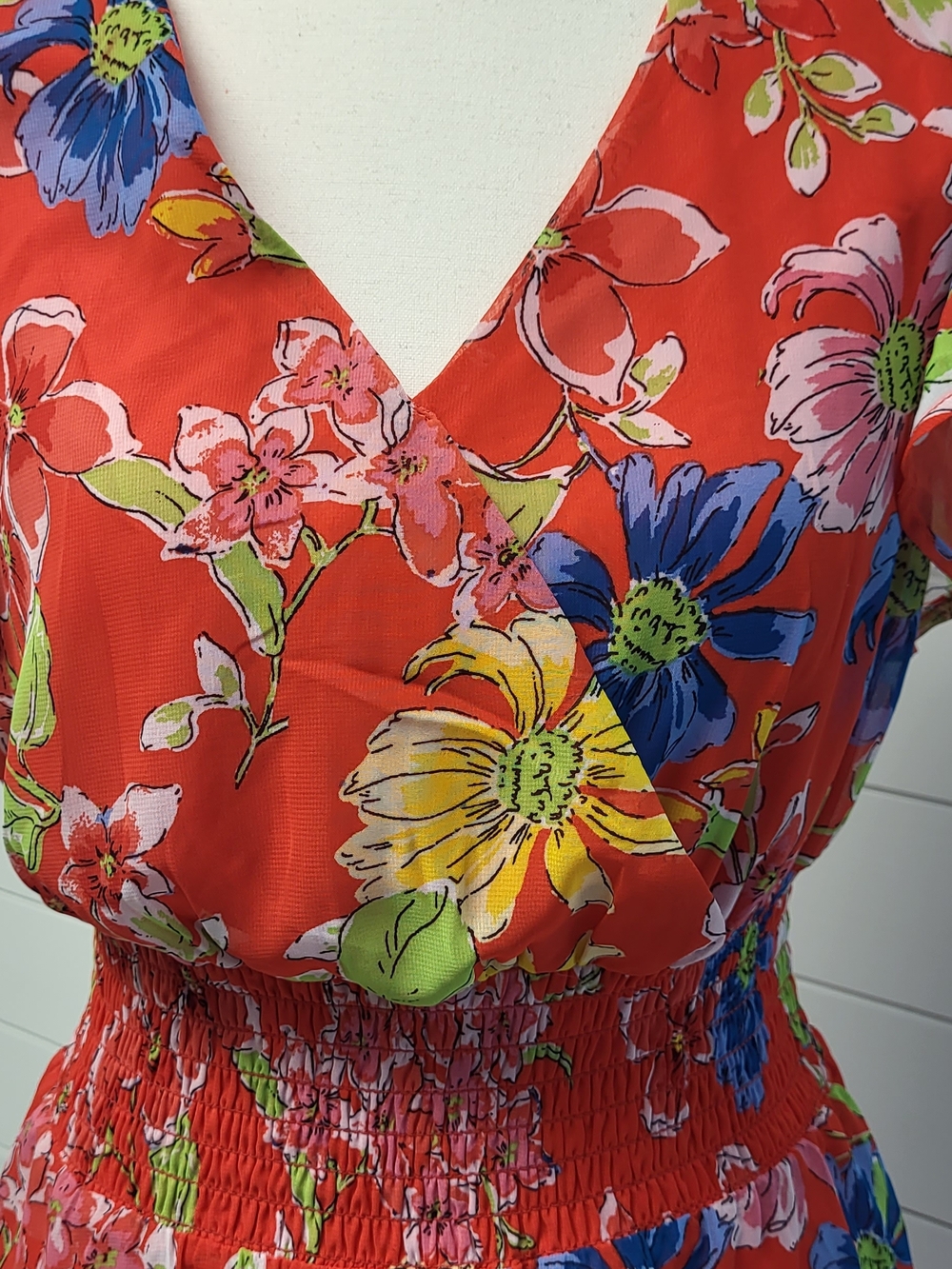 Jessica Simpson Red Floral Midi Dress with Yellow, Blue & Green Accents - Picture 2 of 12